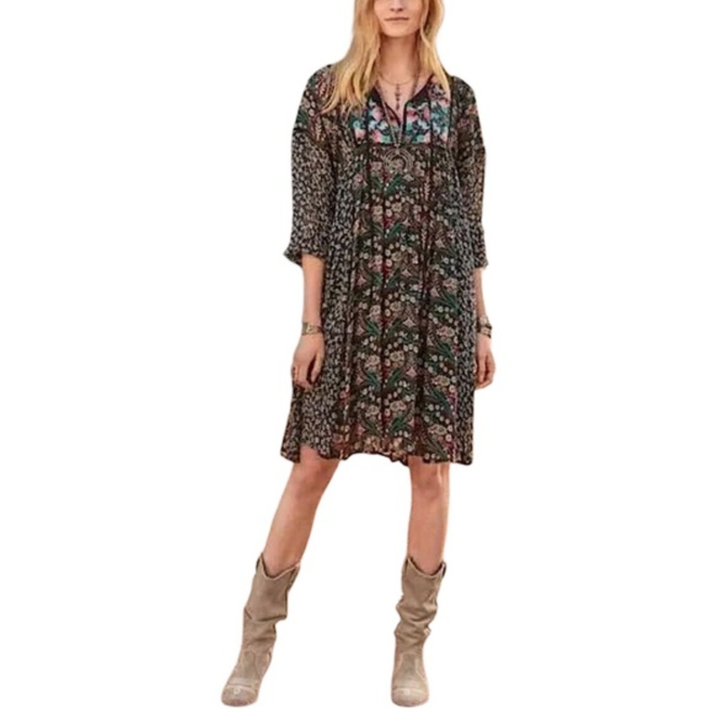 Sundance Rayon Black Chelsea Morning Long Sleeve Swing Knee Length Boho Dress XS
